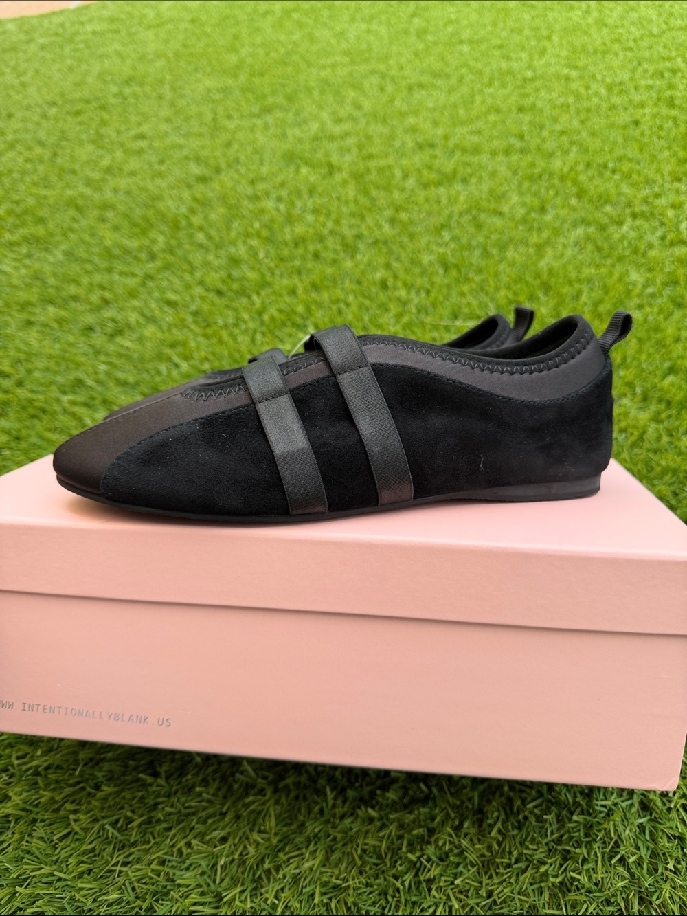 INTENTIONALLY BLANK Black Suede Slip-On Loafer with Elastic Straps Ballet